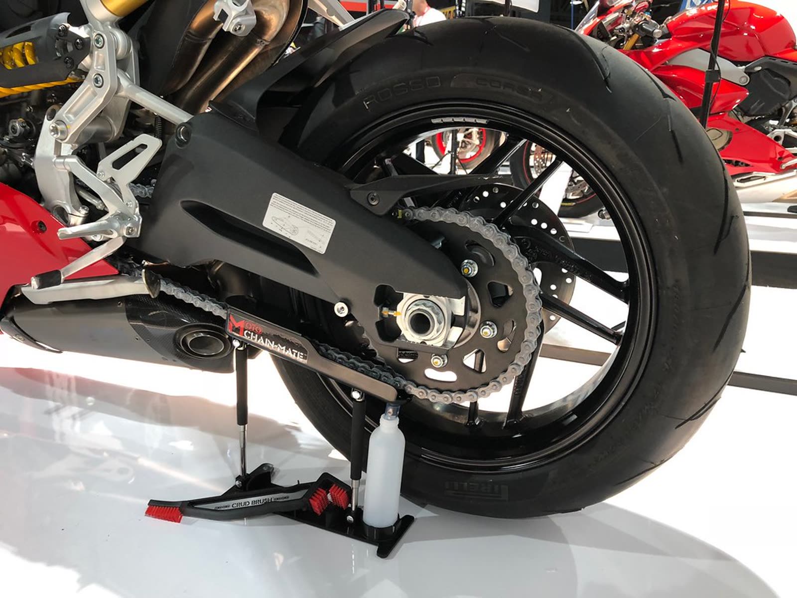A motorcycle displayed on a stand