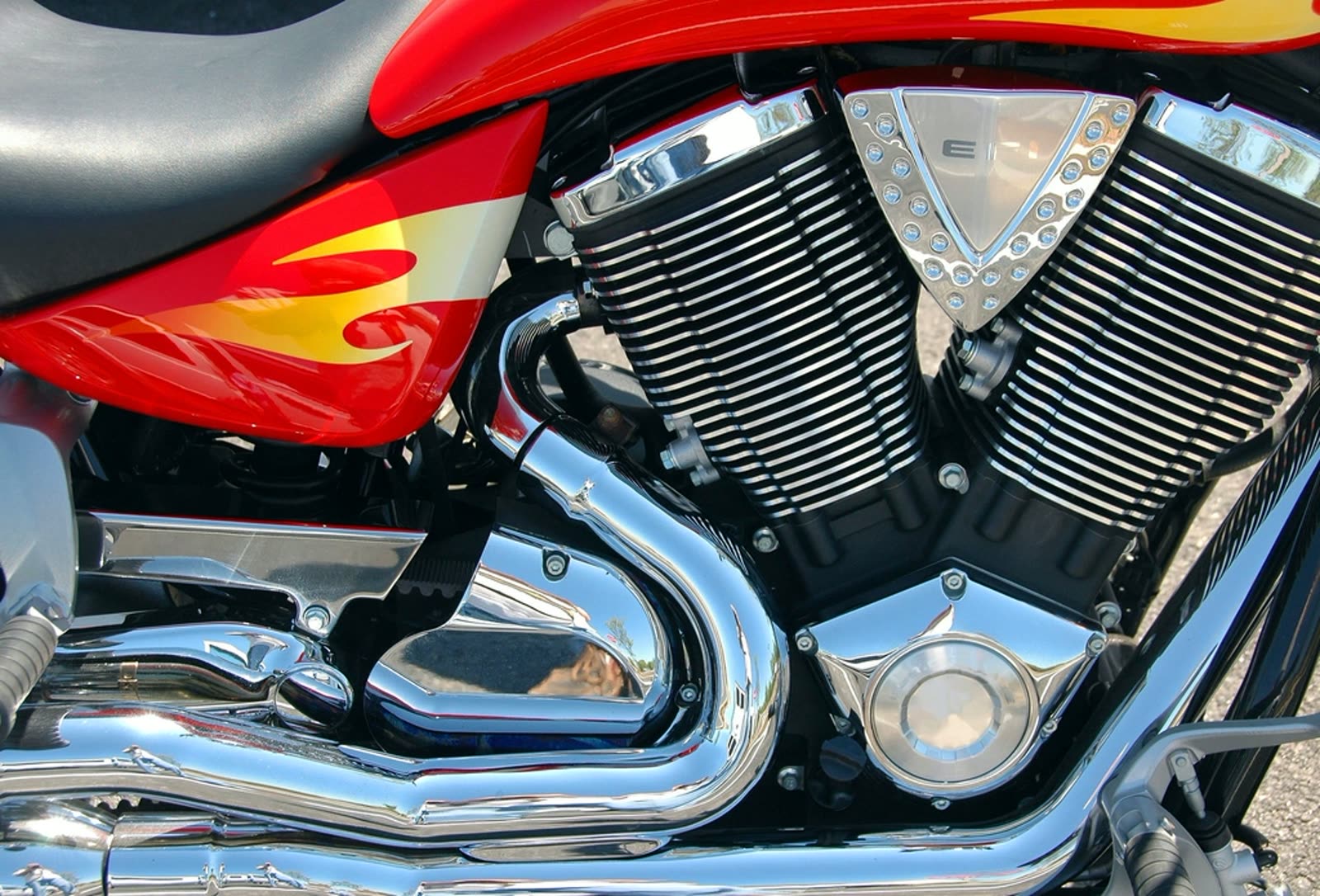 A motorcycle engine shown in close detail