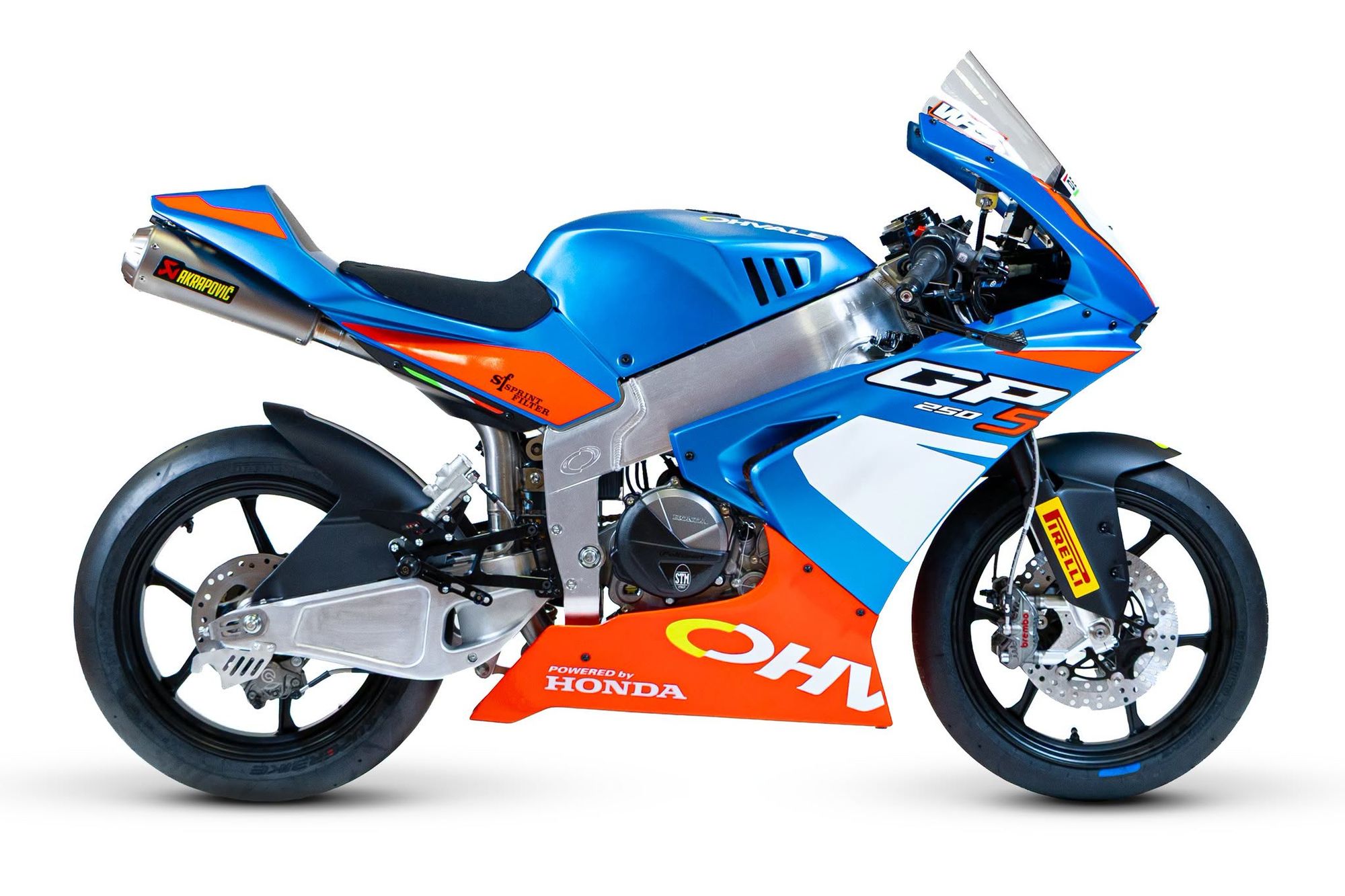 The Ohvale GP-5 250 in left-side profile, official manufacturer photo showing the blue and orange livery, Akrapovic exhaust and aluminium perimeter frame