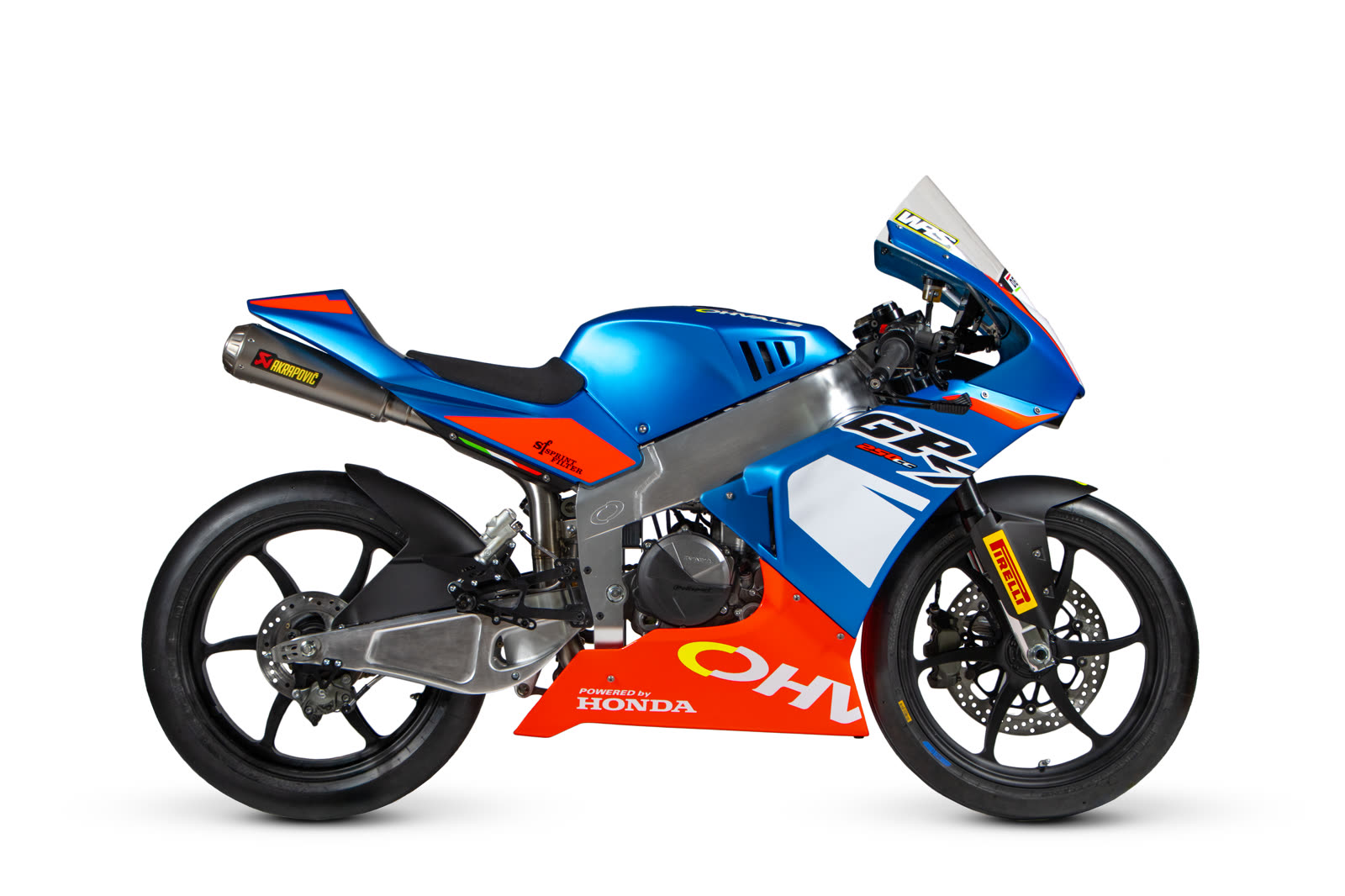 An Ohvale GP-7 250 Powered by Honda in side profile, official manufacturer photo