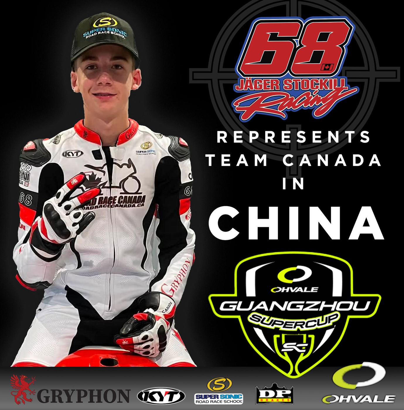 Jager Stockill Racing #68 announcement graphic - represents Team Canada at the Ohvale Guangzhou Supercup