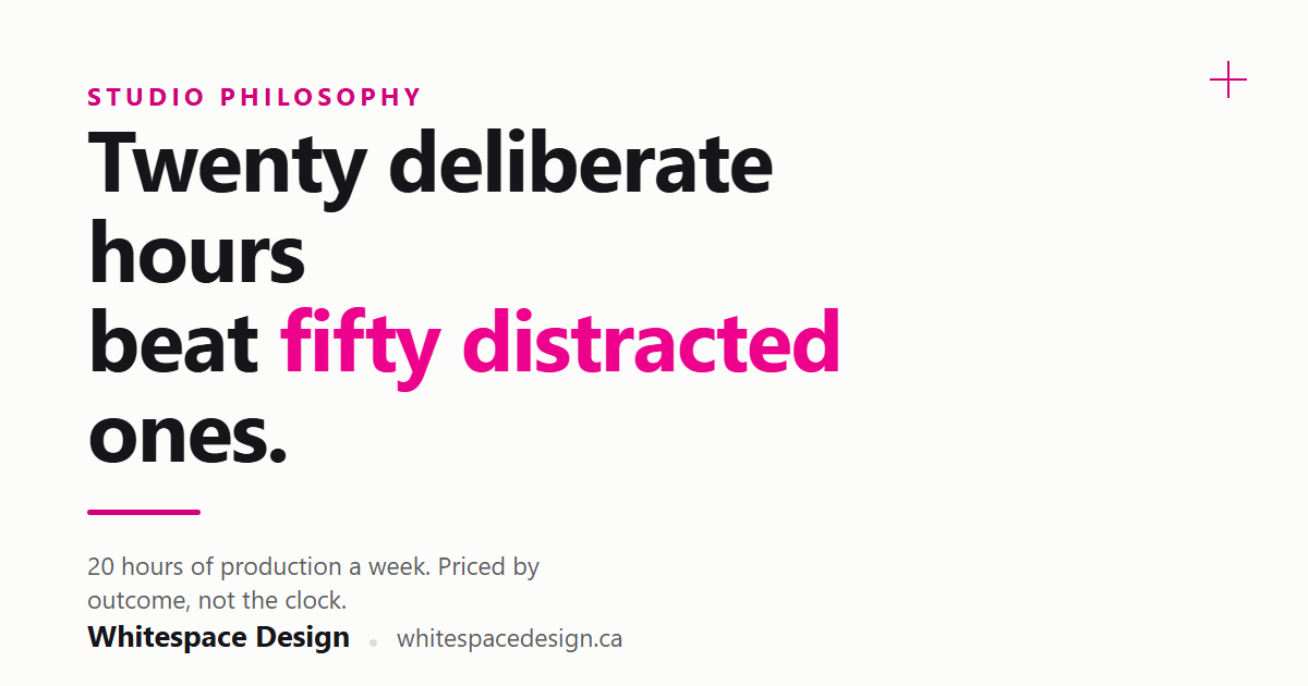 Title card reading "Twenty deliberate hours beat fifty distracted ones." — Whitespace Design studio philosophy